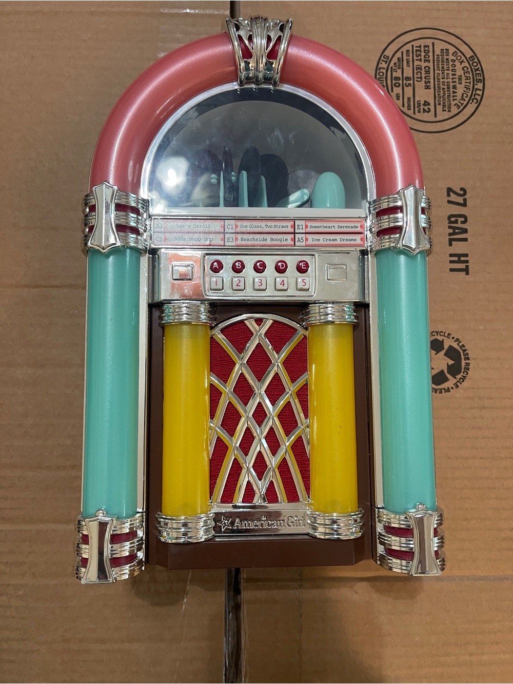 American Girl Pink, Aqua and Yellow Retro Tabletop Jukebox